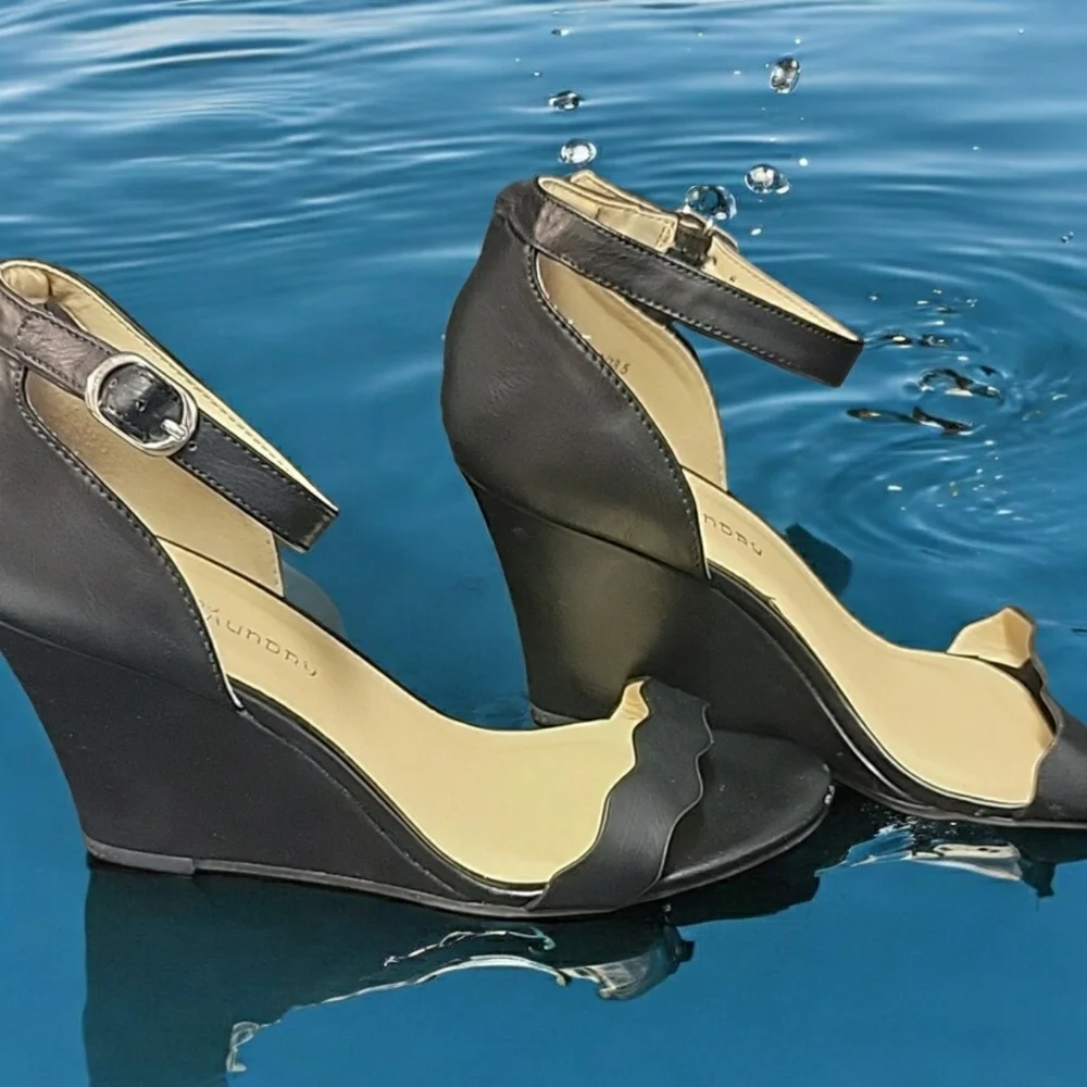 CL by Launday size 8 black ankle straps wedges.